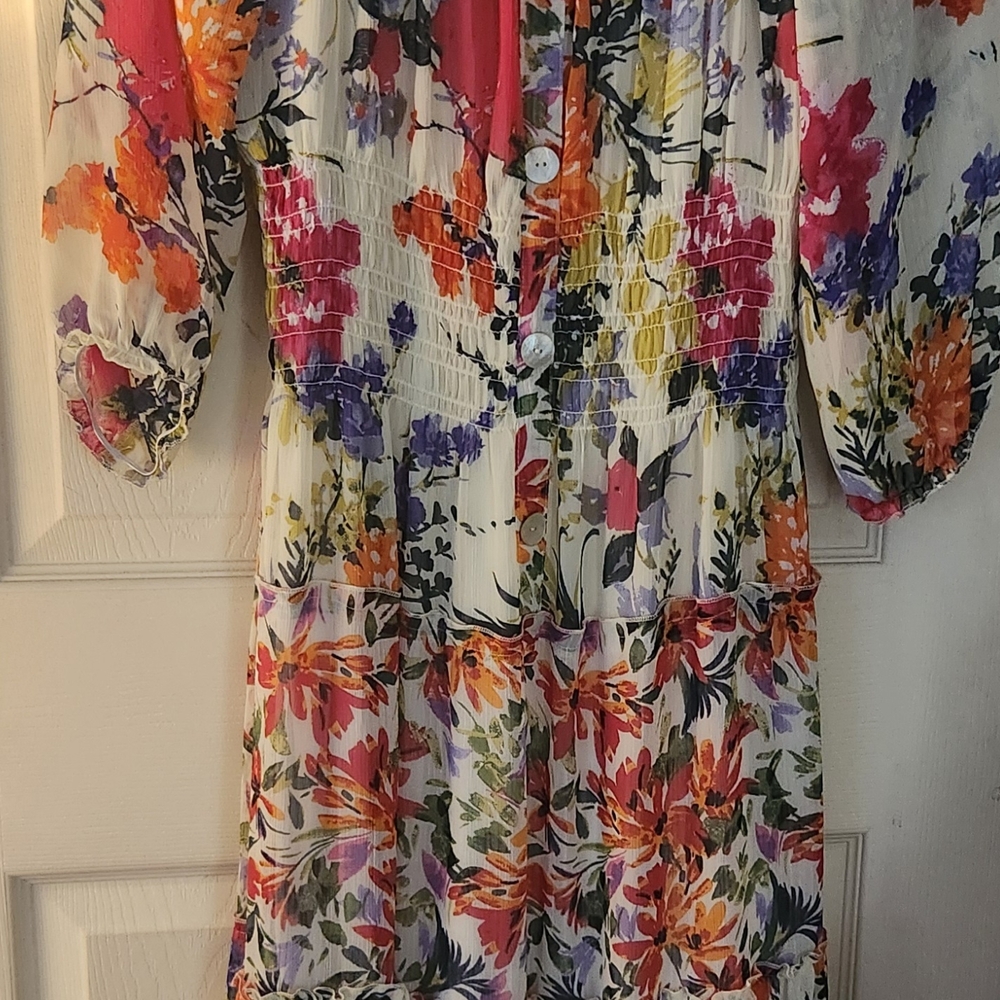 Pink and Red Maxi Sundress with V-Neck and Bishop Sleeves